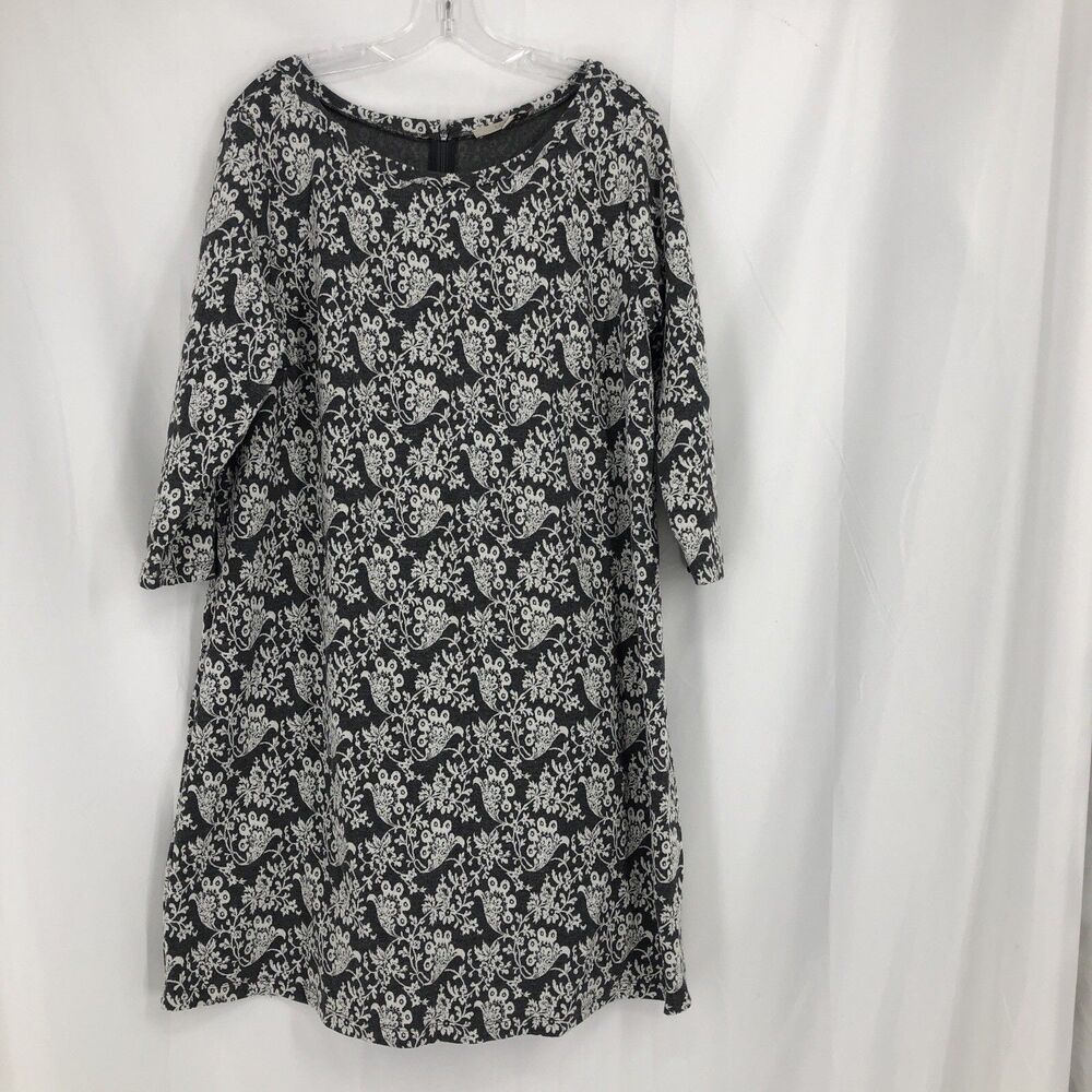 LOFT Plus Size 16 Gray White Floral Paisley 3/4 Sleeve A-Line Dress Stretch